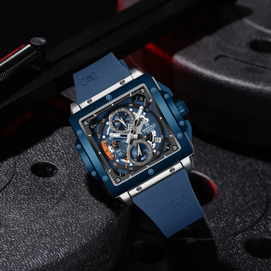 أعلى العلامة التجارية NAVIFORCE الرجال ساعة مربعة العلامة التجارية الفاخرة الرياضة سيليكون حزام حركة التقويم الكوارتز للماء الساعات Relogi