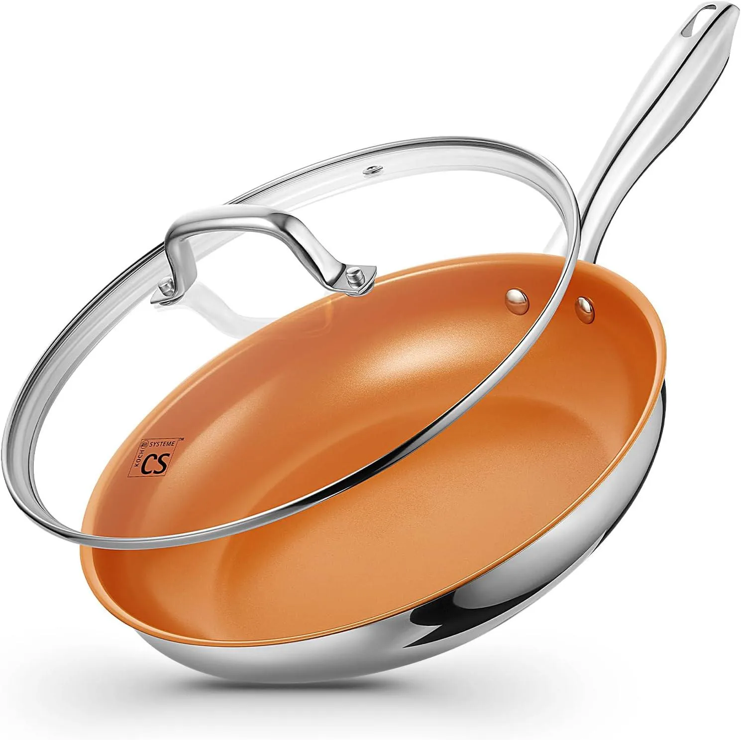 

Non Stick Stainless Steel Frying Pan with Glass Lid Copper Ceramic Coating Healthy Cookware for Induction Gas Stove 10 Inch