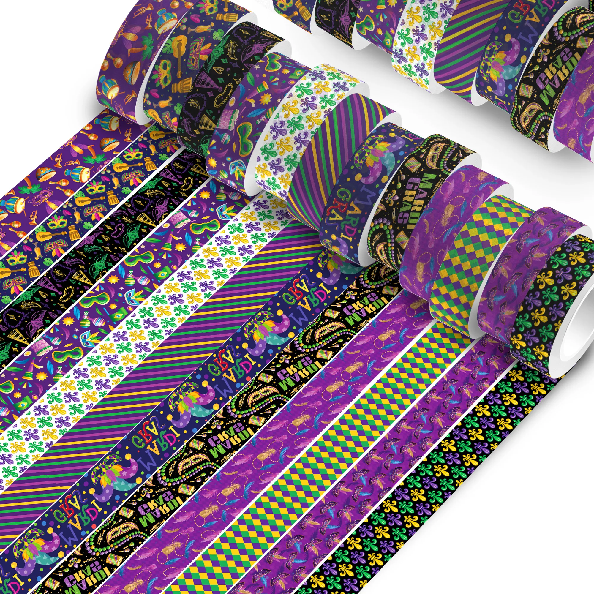 12-Pack Mardi Gras Purple Washi Tape, Jewelry And Mask Patterns, Decorative Masking Tape For DIY Crafts And Scrapbooking