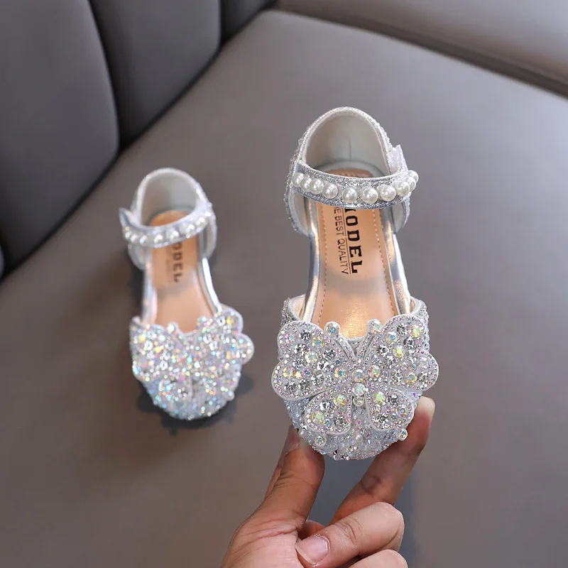 New Girls Sandals Bling Butterfly Princess Party Dance Shoes Student Flats Kids Performance Shoes Children Pearl Wedding H250