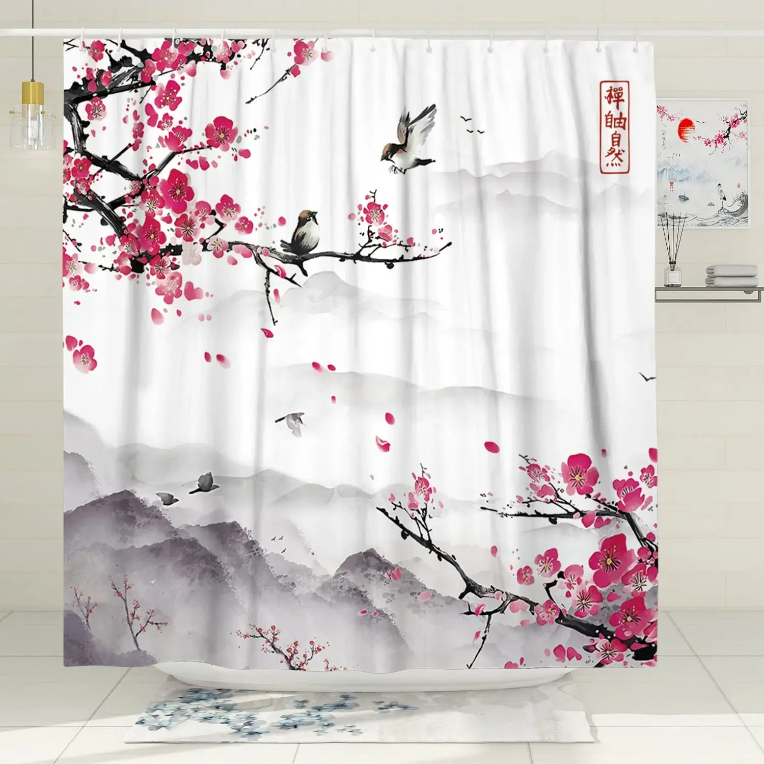 Pink Cherry Blossom Peach Blossoms Shower Curtain Set Flowers White Background Girl Bathroom Polyester Cloth Screen 12 With Hook