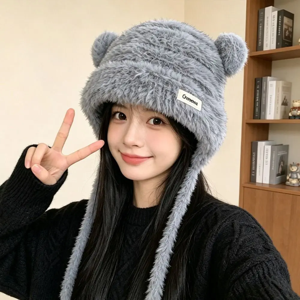 Polyester Material Ear Flap Hat Fits 55cm to 58cm Head Circumference Bear Ear Warm Winter Knitted Hat