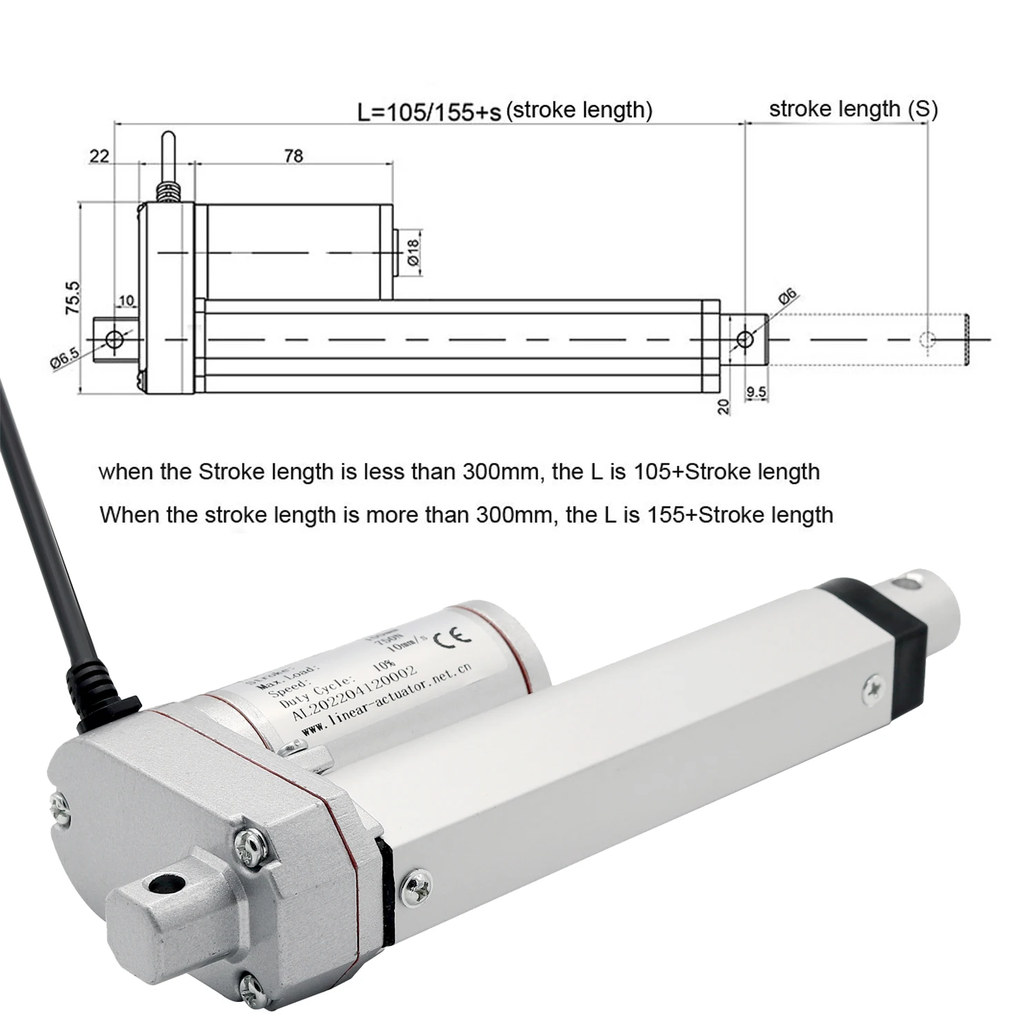 DC 12V 750N Linear Actuator 50mm 100mm 150mm 200mm 250mm 300mm Stroke Linear Drive Electric Motor Linear Motor 10mm/s Speed