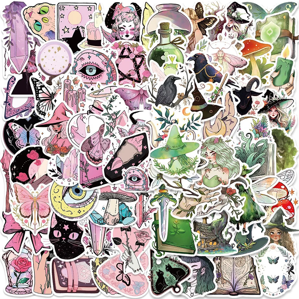 

10/50/100Pcs Gothic Boho Style Pink Green Magic Witch Cartoon Stickers Vintage Aesthetic Decal Graffiti DIY Diary Luggage Fridge