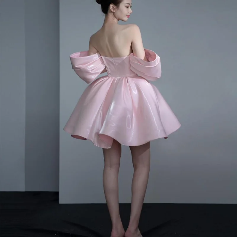 فستان خطوبة صغير وردي فاتح بدون أكتاف للتخسيس ملابس غير رسمية للحفلات المسائية وأعياد الميلاد