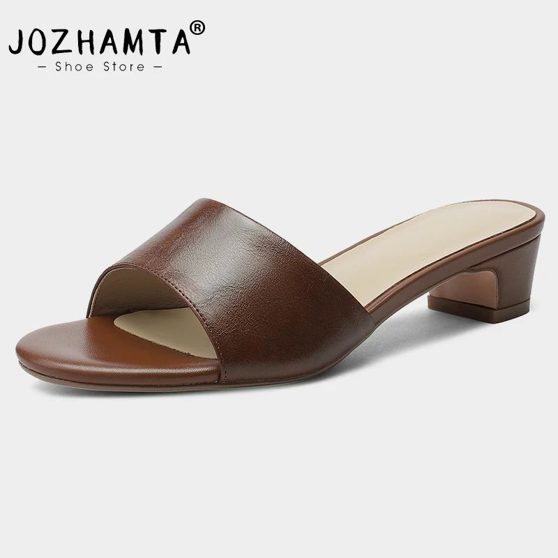 JOZHAMTA Size 33-42 Women Mules Sandals Real Leather Thick Mid Heels Summer Shoes 2025 Casual Daily Home Outdoor Slides Slippers