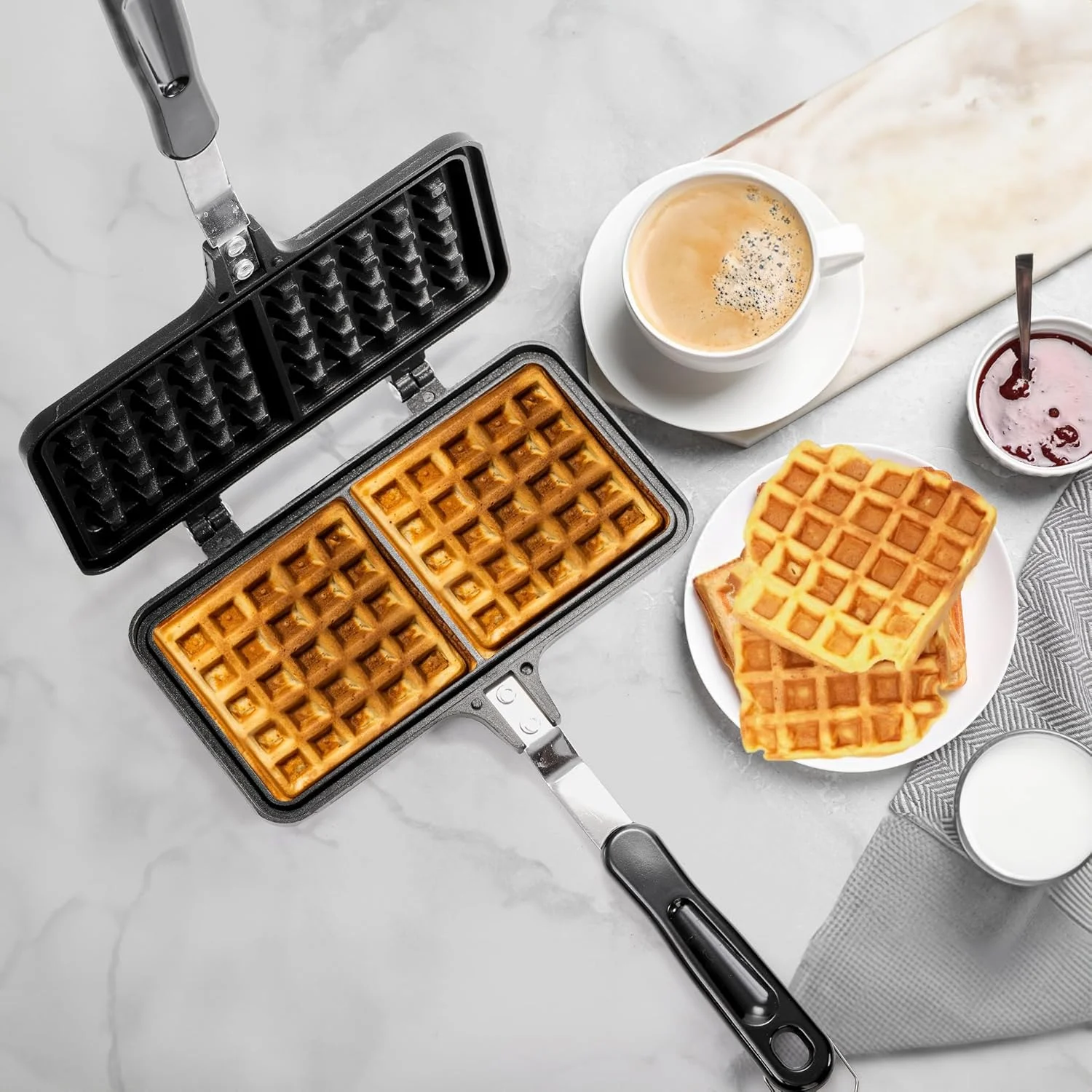 

Non-stick Waffle Maker, 8" Camping StoveTop Waffle Maker with Long Handle, Portable Aluminum Waffle Maker Pan for Waffles Sandwi