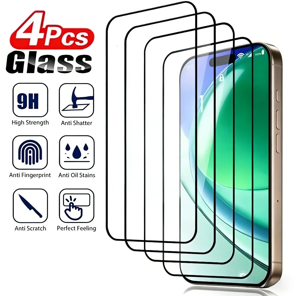 

4Pcs High Clear Screen Protector for iPhone 17 16 15 14 Pro Max Air 16 15 Plus Tempered Glass for iPhone 13 12 11 Pro Mini XS XR
