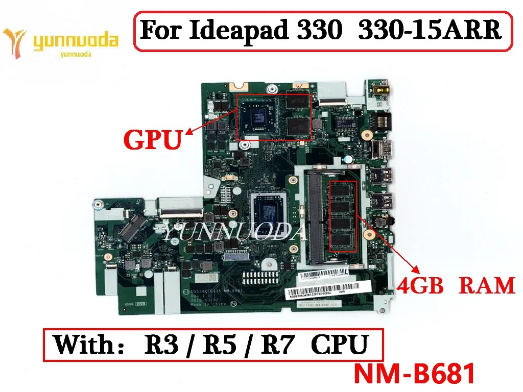 NM-B681 For Lenovo Ideapad 330  330-15ARR  Laptop Motherboard With R3 R5 R7 CPU 4G RAM 2G GPU 100% Tested