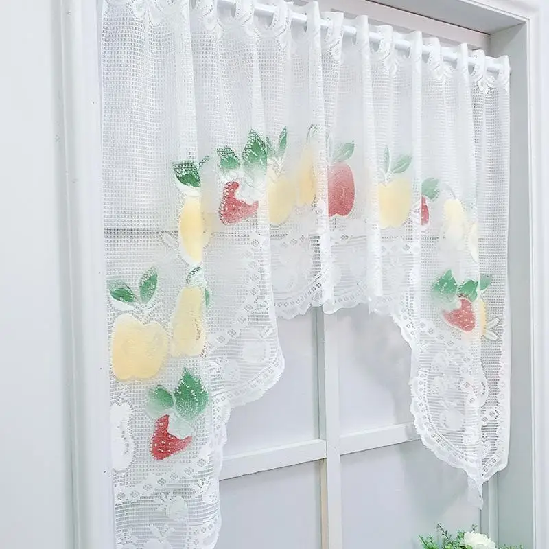Nordic Style Lace Cafe Curtain Short Window Drapes with Creative Printed Design for Home Kitchen Living Room Decoration Curtains
