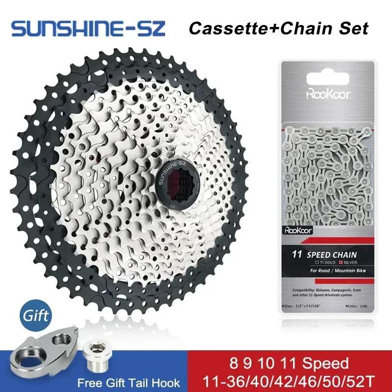 SUNSHINE-SZ 8 9 10 11 Speed Velocidade Mountain Bike MTB Cassette Chain Set Bicycle Freewheel Sprocket 36T 40T 42T 46T 50T 52T