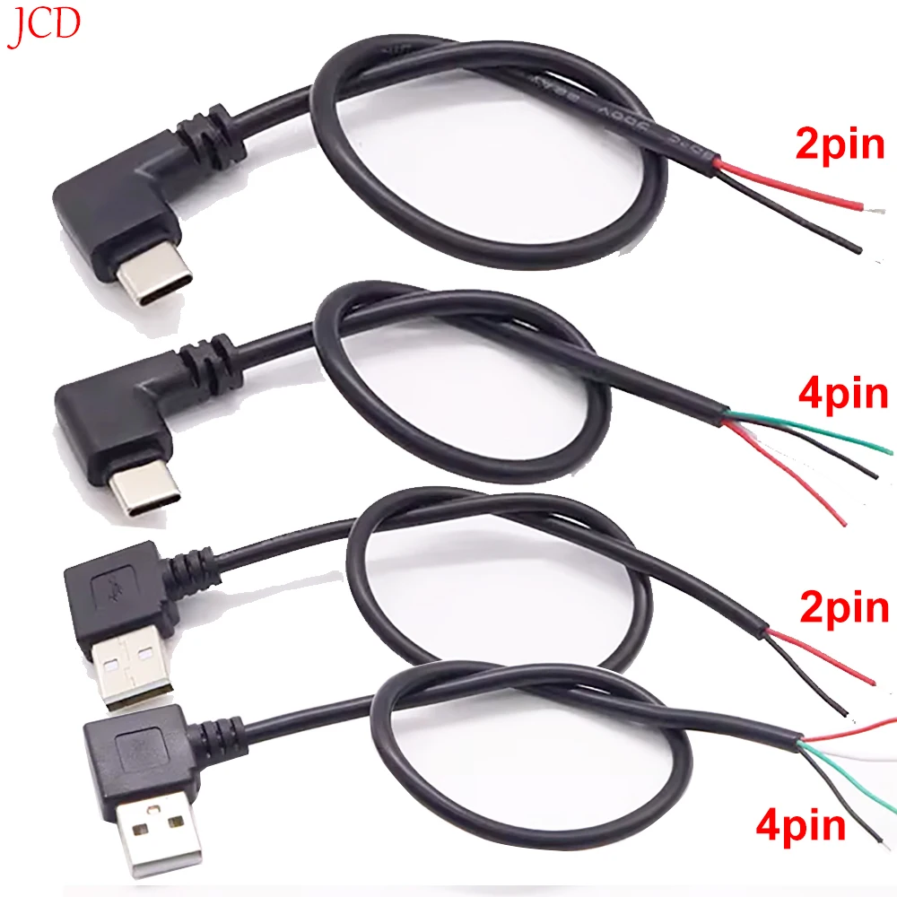 JCD 2Pin 4Pin  USB / Type C Charger Connector USB 2.0 Type A Elbow Head Male Power Supply Extension Cable DIY Data Line
