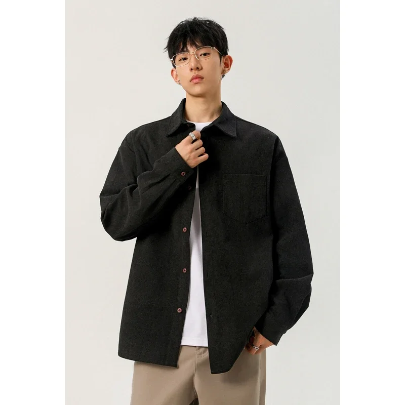 Men Corduroy Long Sleeve Button Down Shirt Lapel Collar Chest Pocket Loose Oversized Top For Street Daily Casual Commute Wear