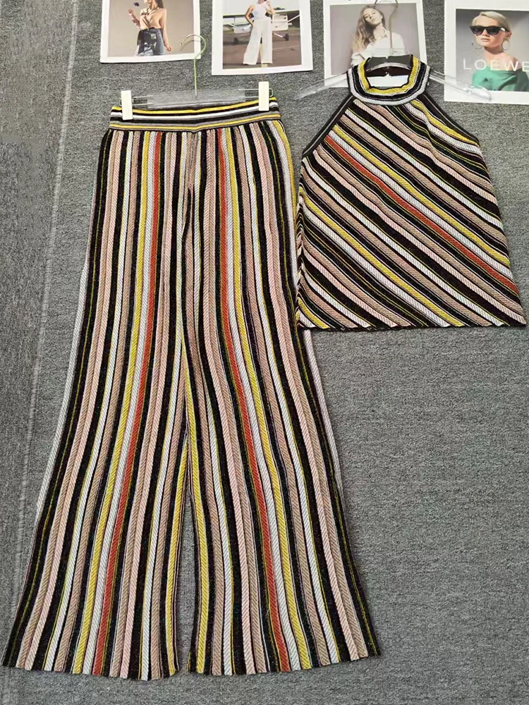 2026 Summer Women's Clothing Retro Color Diagonal Stripes Halter Neck Knitted Suspenders Top Two-piece Set + Pants Fashion Suit
