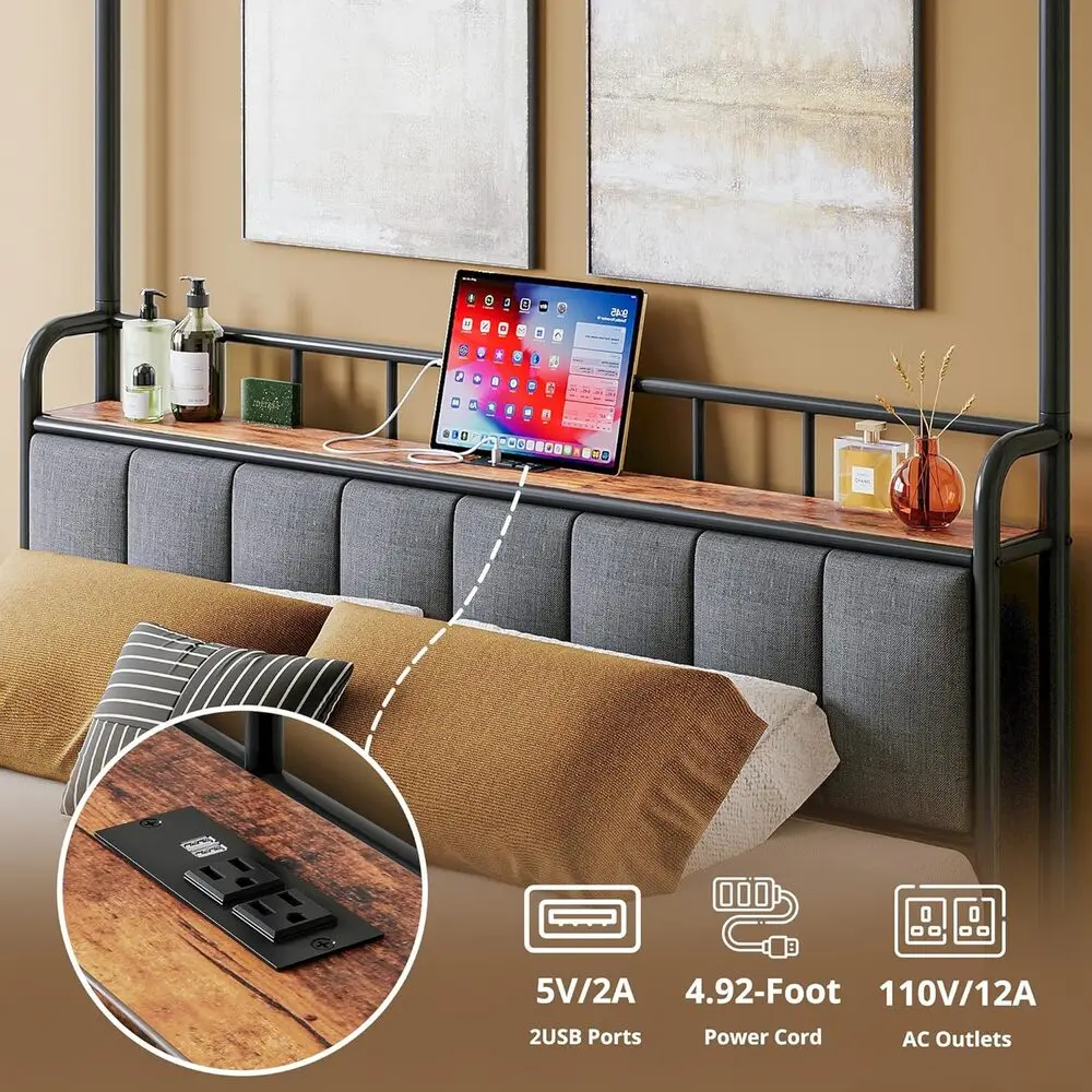 إطار سرير بمظلة من LIKIMIO Queen، لوح رأسي للتخزين مع محطة شحن، سرير بمنصة مع 4 أعمدة قوية قابلة للإزالة، خالية من الضوضاء