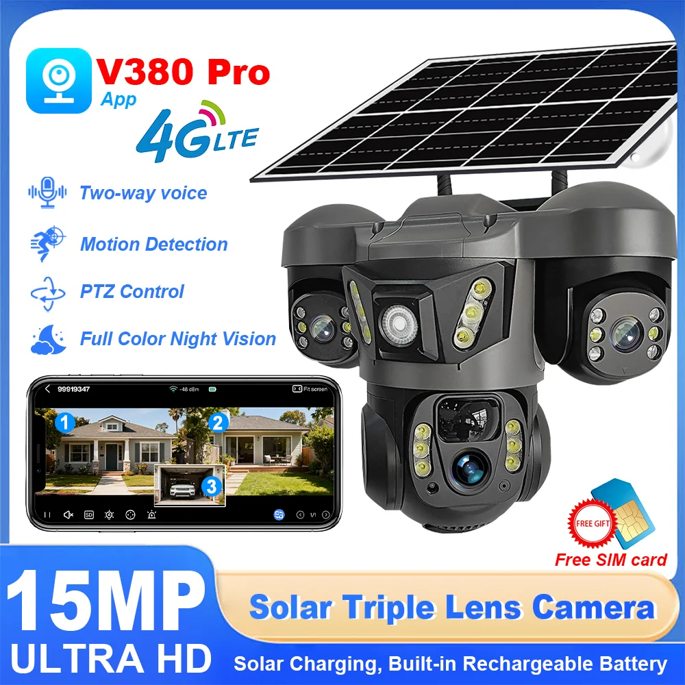 

Солнечная 4G-камера видеонаблюдения для улицы, беспроводная, 15 МП, с тремя объективами, ИИ-обнаружением человека, отслеживанием движения, двусторонней аудиосвязью, CCTV