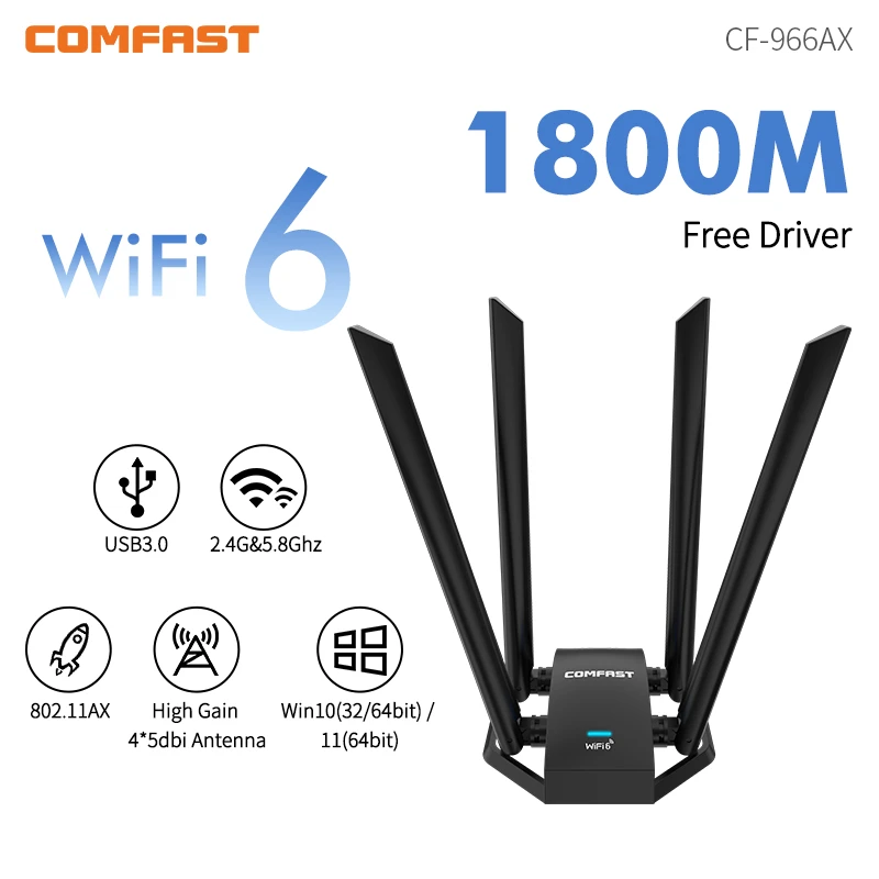 

WiFi 6 USB Adapter Dual Band AX1800 2.4G 5GHz 4*5dBi Antenna WPA3 USB3.0 Extension Cable for Desktop Laptop WiFi Receiver Dongle