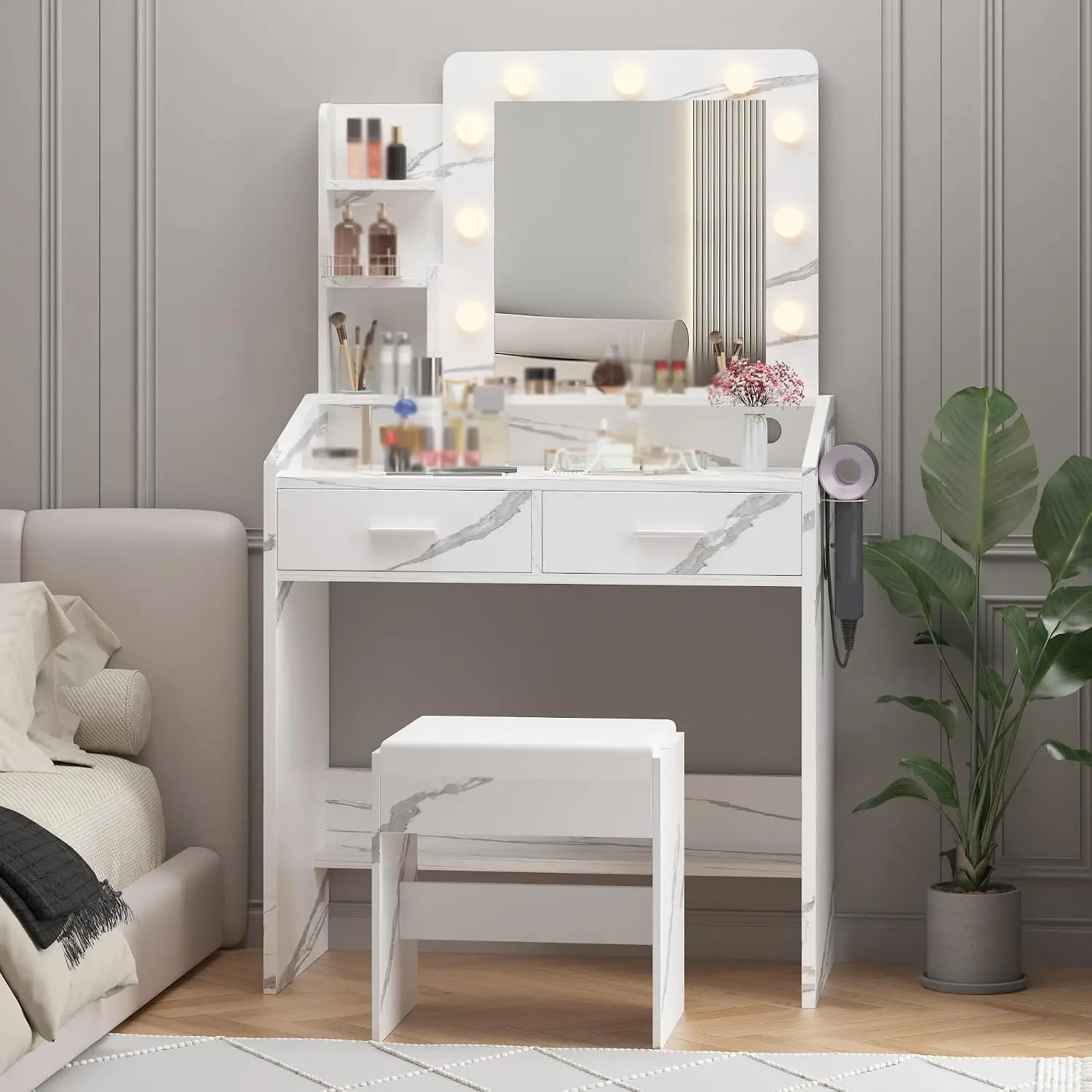 Vanity Desk with Power Outlet & LED Mirror, 7 Drawers & Stool, Adjustable Light, Hairdryer Holder, White, Customized