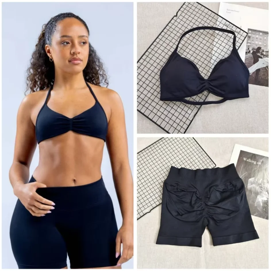 

2PCS Yoga Fitness Suit Women's Seamless Lace-Up Yoga Bra Top High Waist Workout Scratch Shorts Sports Suit Fitness Suit