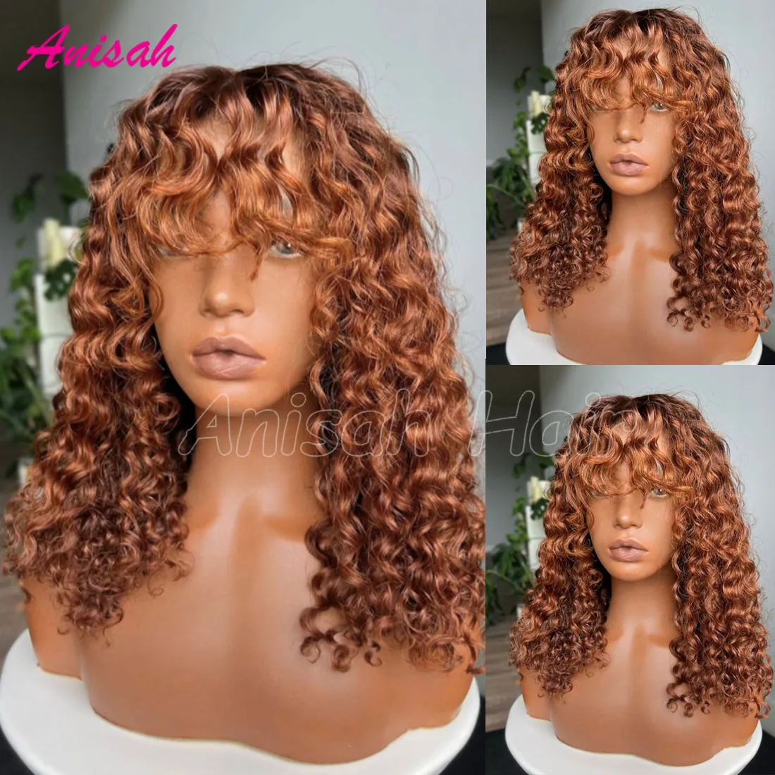 

Ombre 13x4 Transparent Lace Front Wig with Bangs Water Wave Colored Closure Glueless Human Hair Wig With Dark Root for Women