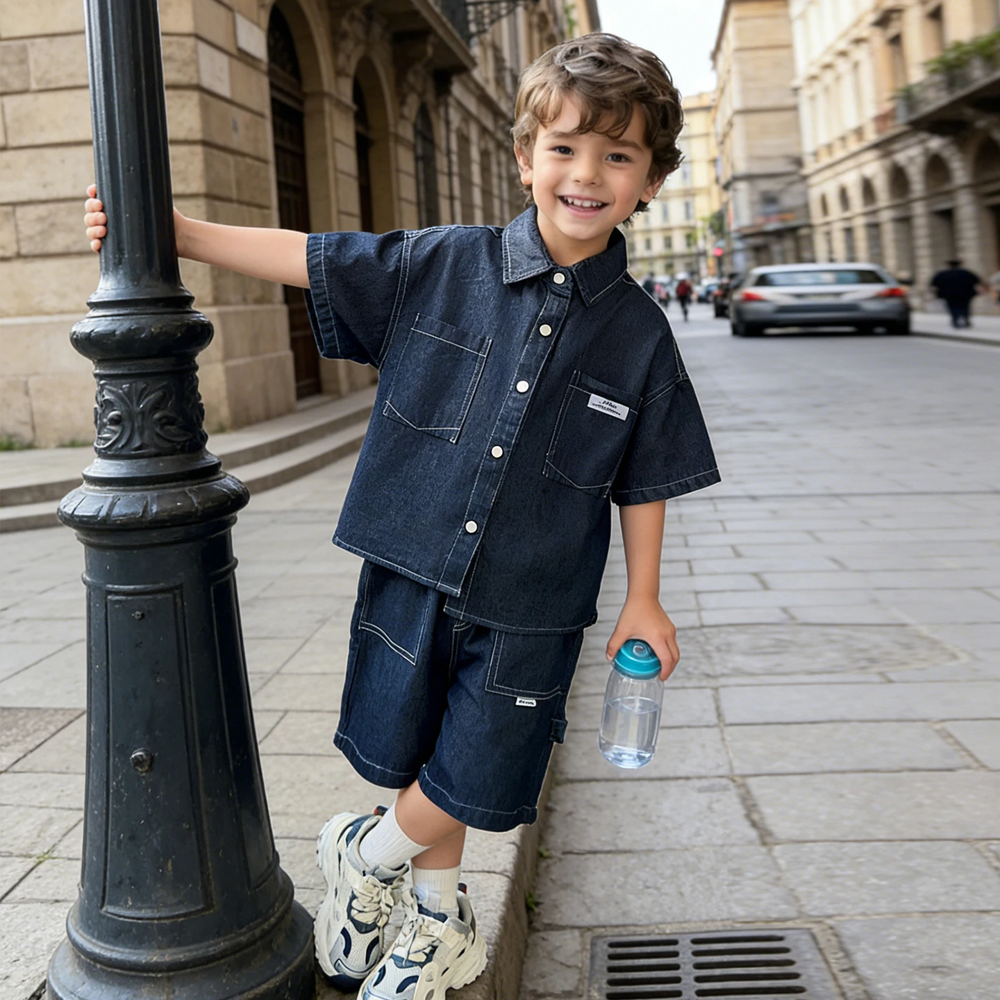 Kids 2026 Summer New Boys Denim Suit Child Buttons Shirt Cargo Shorts Multi-pocket Workwear Suit Short Sleeve Shorts Cotton Set