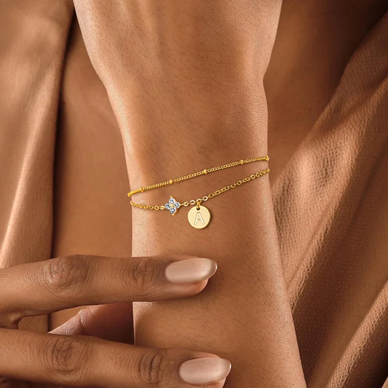 Dainty 14K Gold Plated Cubic Zirconia Clover Initial Bracelet Layered Letter Bracelet for Women Girls Jewelry Personalized Gifts