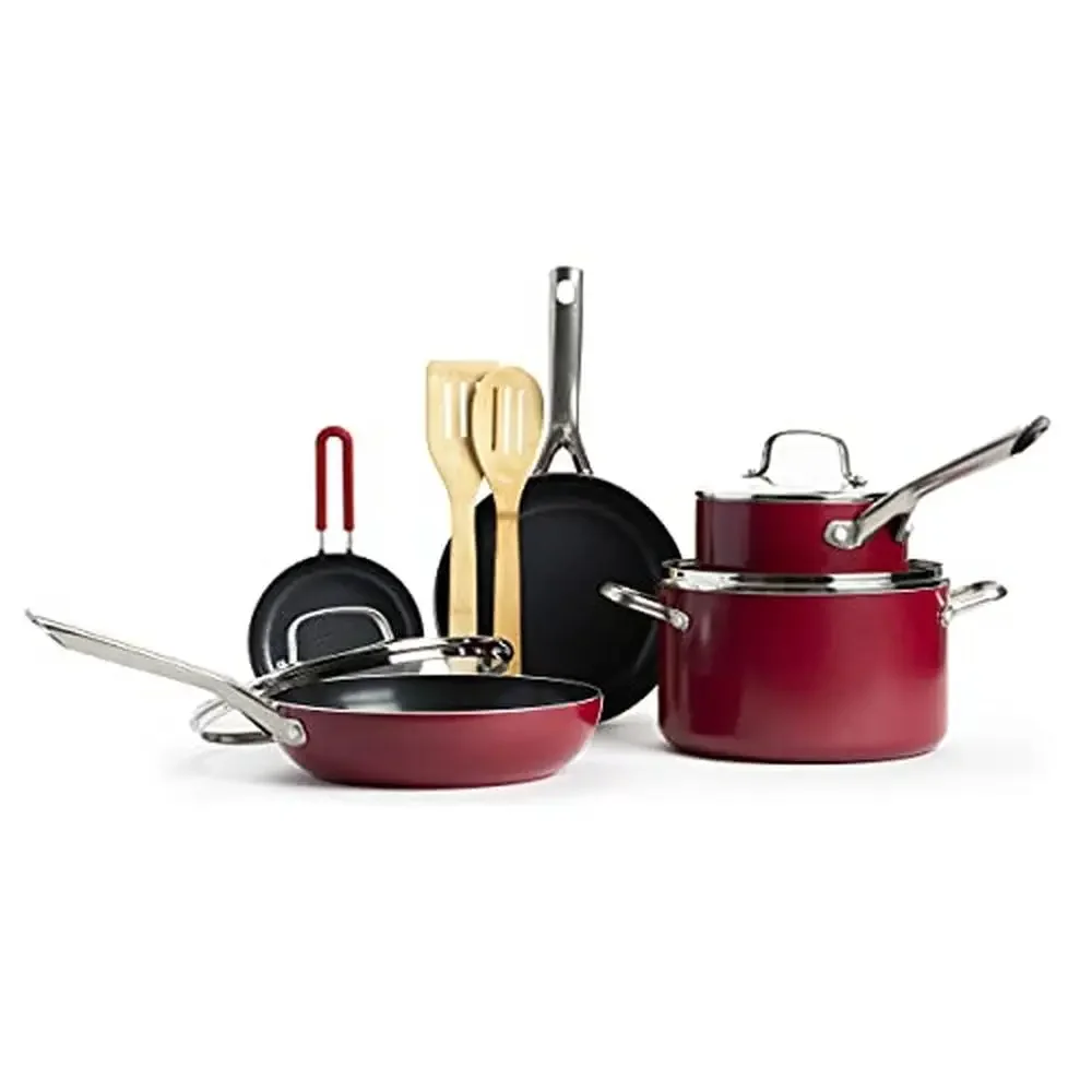 

Textured Ceramic Nonstick 10 Piece Cookware Set with Steel Handles Toxin-Free PFAS PFOA PTFE Free Lavaflow Technology Aluminum
