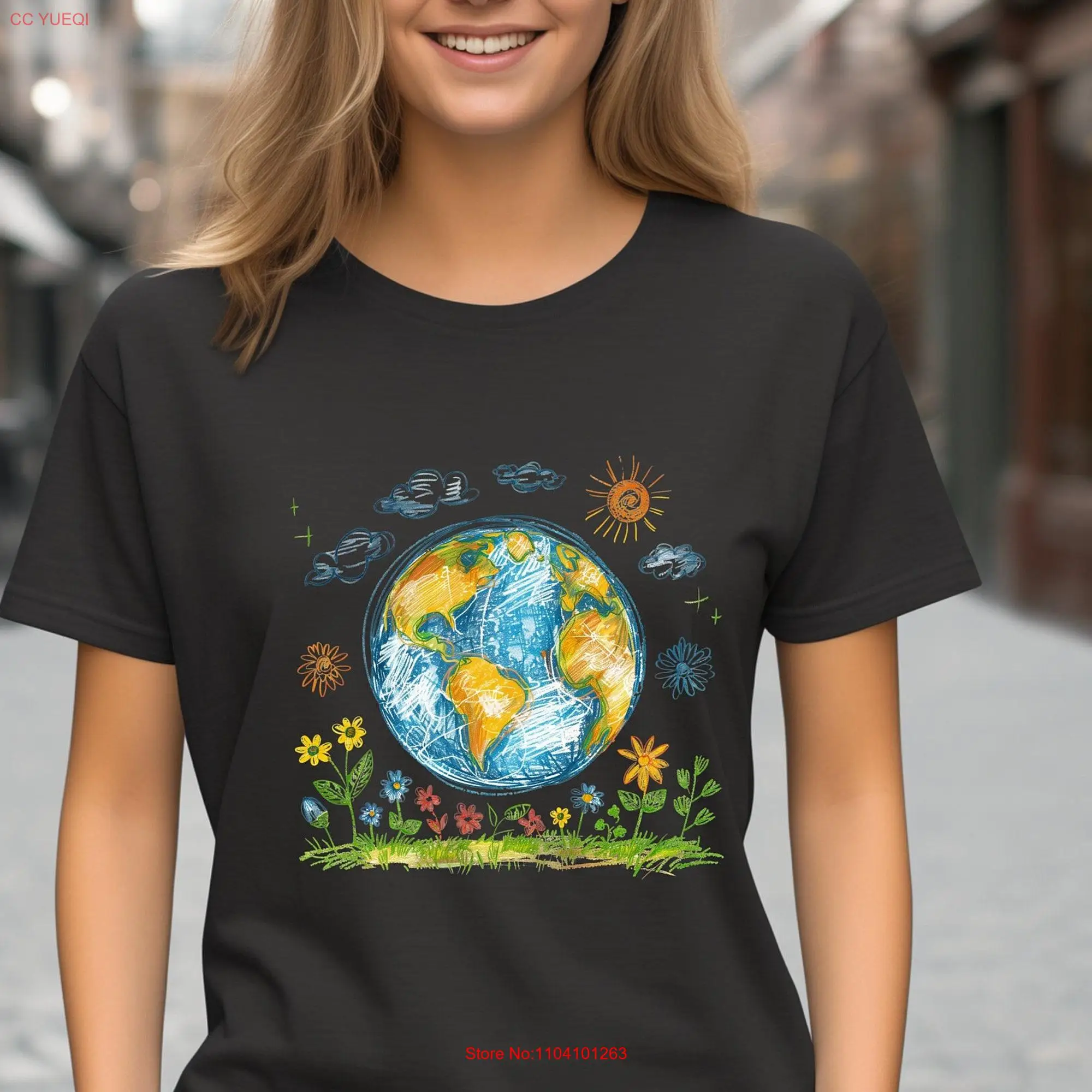 Earth Day  T Shirt Globe World Flowers tee Sunshine long or short sleeves