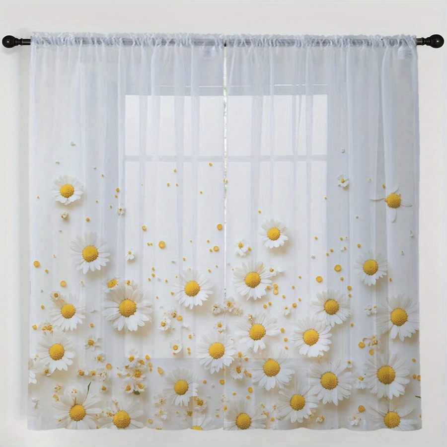 Home Decor Yellow - 2PCS Cortina Transparente com Estampa Digital,