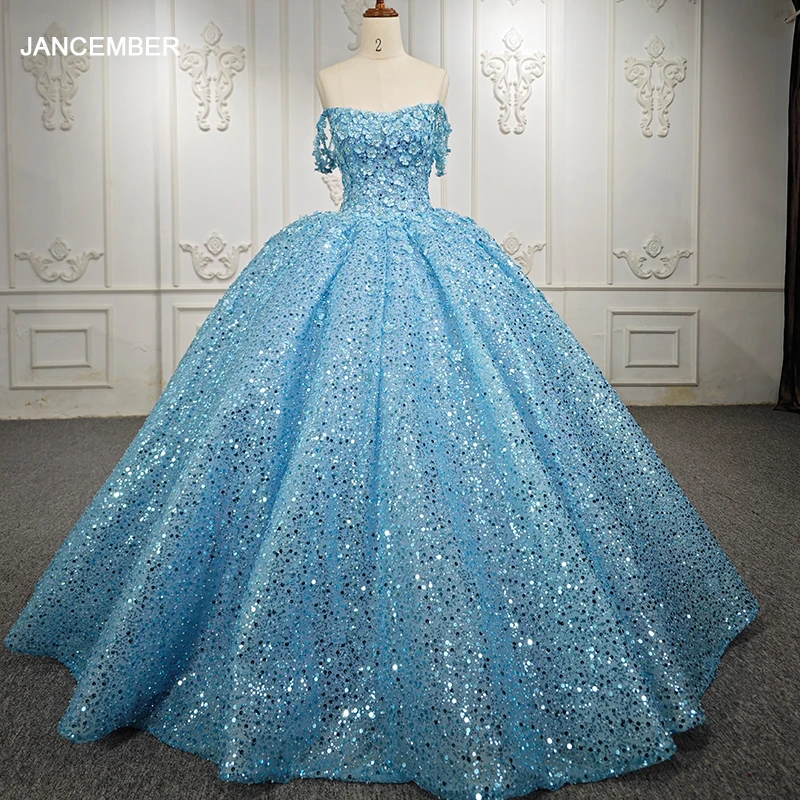 JANCEMBER Simple Vestidos De 15 Quinceañera Organza Ball Gown Sequined Beading 2023 Blue Strapless DY6551 Bar Mitzvah