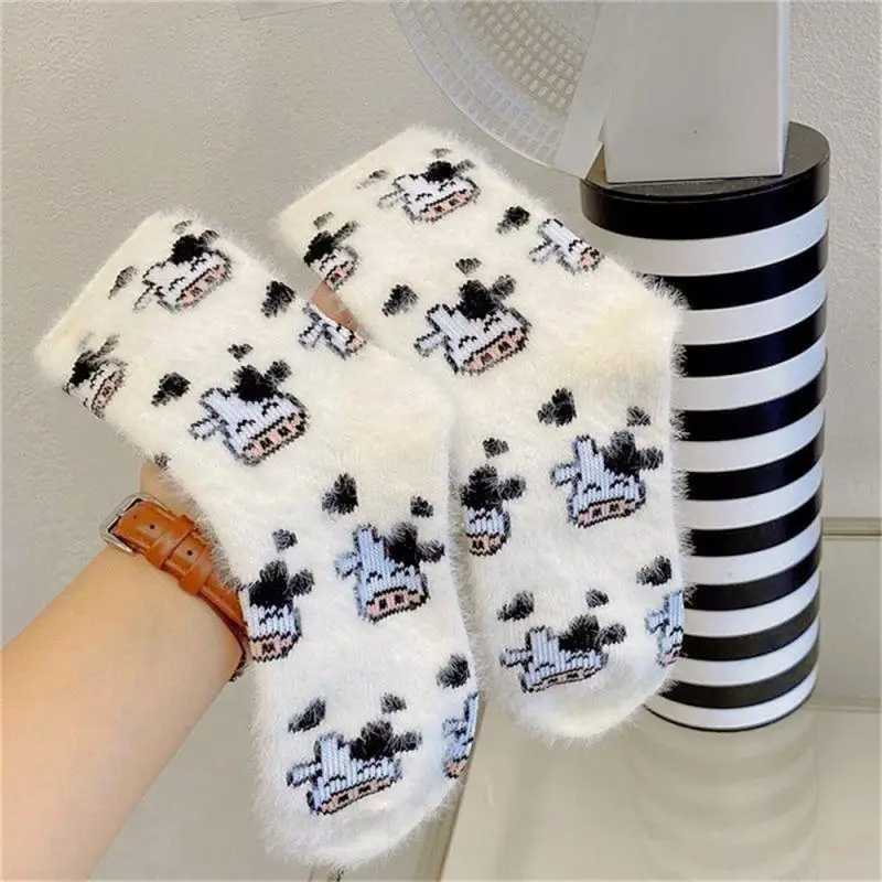 Cartoon Cute Cow Mink Velvet Socks Women Winter Soft Fleece Plush Warm Home Sleep Boot Socks Kawaii Y2K Furry Thermal Tube Sox