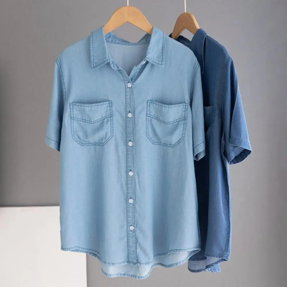 Women Denim Shirt with Multiple Pockets Stylish Women's Denim Shirt with Lapel Collar Short Sleeves Multiple for A for Women