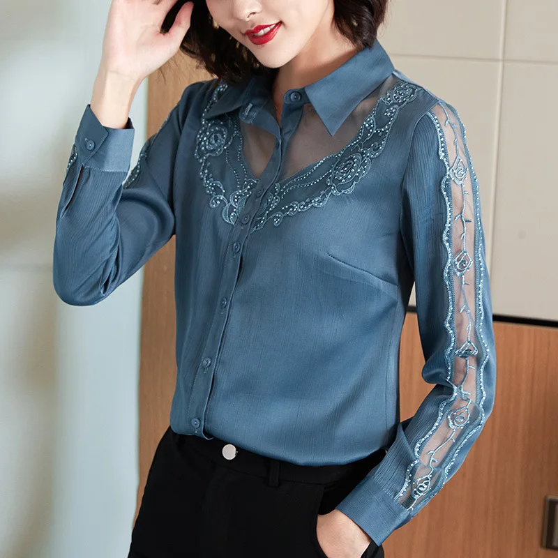 VENTE automne chemise en mousseline de soie pour les femmes 2025 nouvelle dentelle brodée Patchwork Satin tempérament chemise