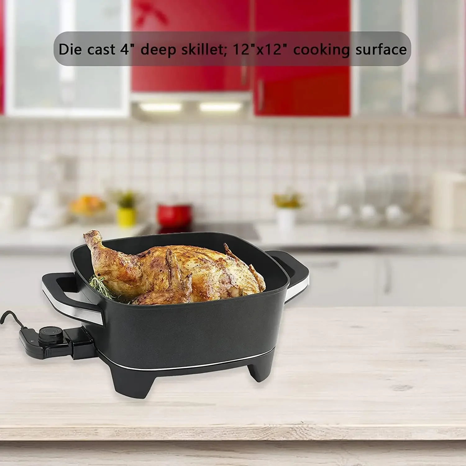 Extra Deep Electric Skillet - 12" Inch Frying Pan with Lid, Serves 3-4 People, for Roast Fry, Easy to clean, Black