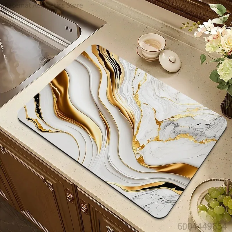 Elegant Golden Marble Swirl Art Super Absorbent Drying Mat Waterproof Kitchen Counter Sink Drain Pad Home Decor Placemat