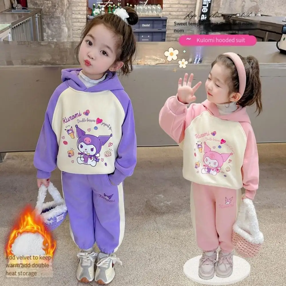 Kawaii Sanrio Kuromi Girls Hooded Sweatshirt Pants 2Pcs Cartoon Fleece Long Sleeve Warm Top Autumn Winter Children's Clothing