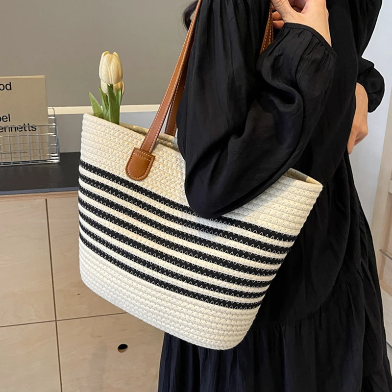 Striped Design Straw Tote Bag Large Capacity Beach Boho Style Handbag Fulfilment Shopping Bag