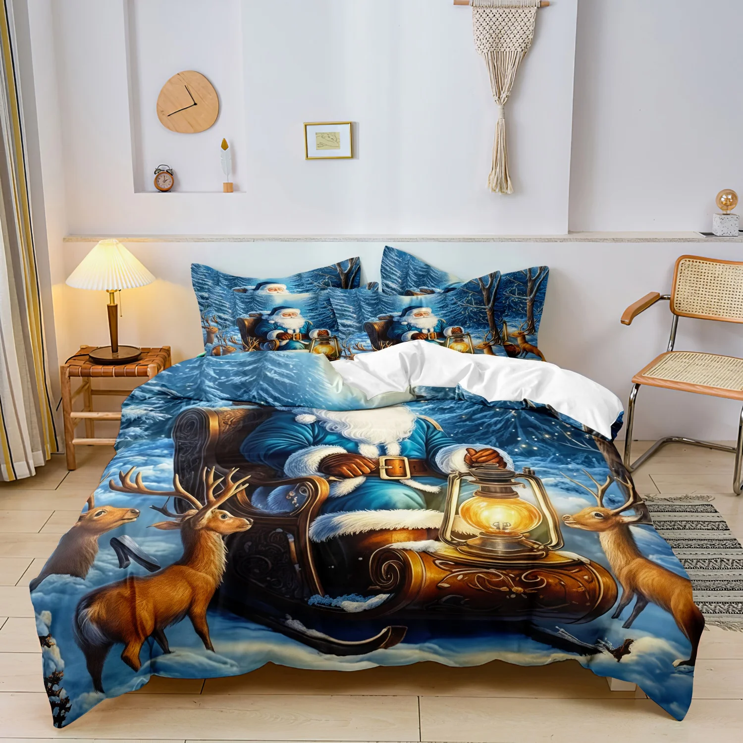 3‑Piece Winter Snow Forest Santa Claus Duvet Cover Set, Santa Sleigh Reindeer and Retro Lantern Pattern Bedding