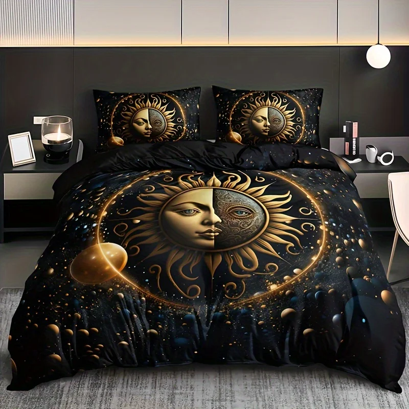 

Celestial Sun Moon Stars Duvet Cover Set Golden Printed Bedding Set For Home Decor Includes 1 Duvet Cover And 2 Pillowcases