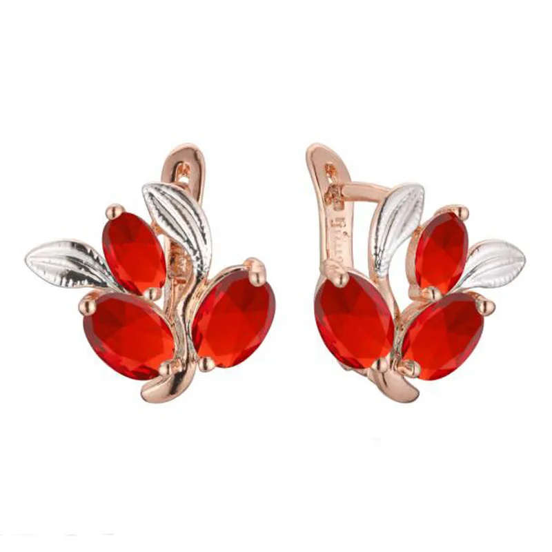 FJ Wonen 585 Rose Gold Color White Leaf Red Stone Flowers Ladies Jewelry Earrings