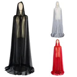 1pcs Witch Cloak Halloween Costume for Women Hood Tulle Cape Cloak Black White Red Wedding Bridals Floor Length Soft Mesh Cloaks