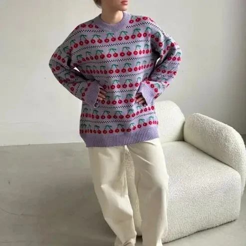 

Осенний свитер вишневого цвета с круглым вырезом 2025 года, новый винтажный вязаный свитер средней длины с круглым вырезом вишневого цвета