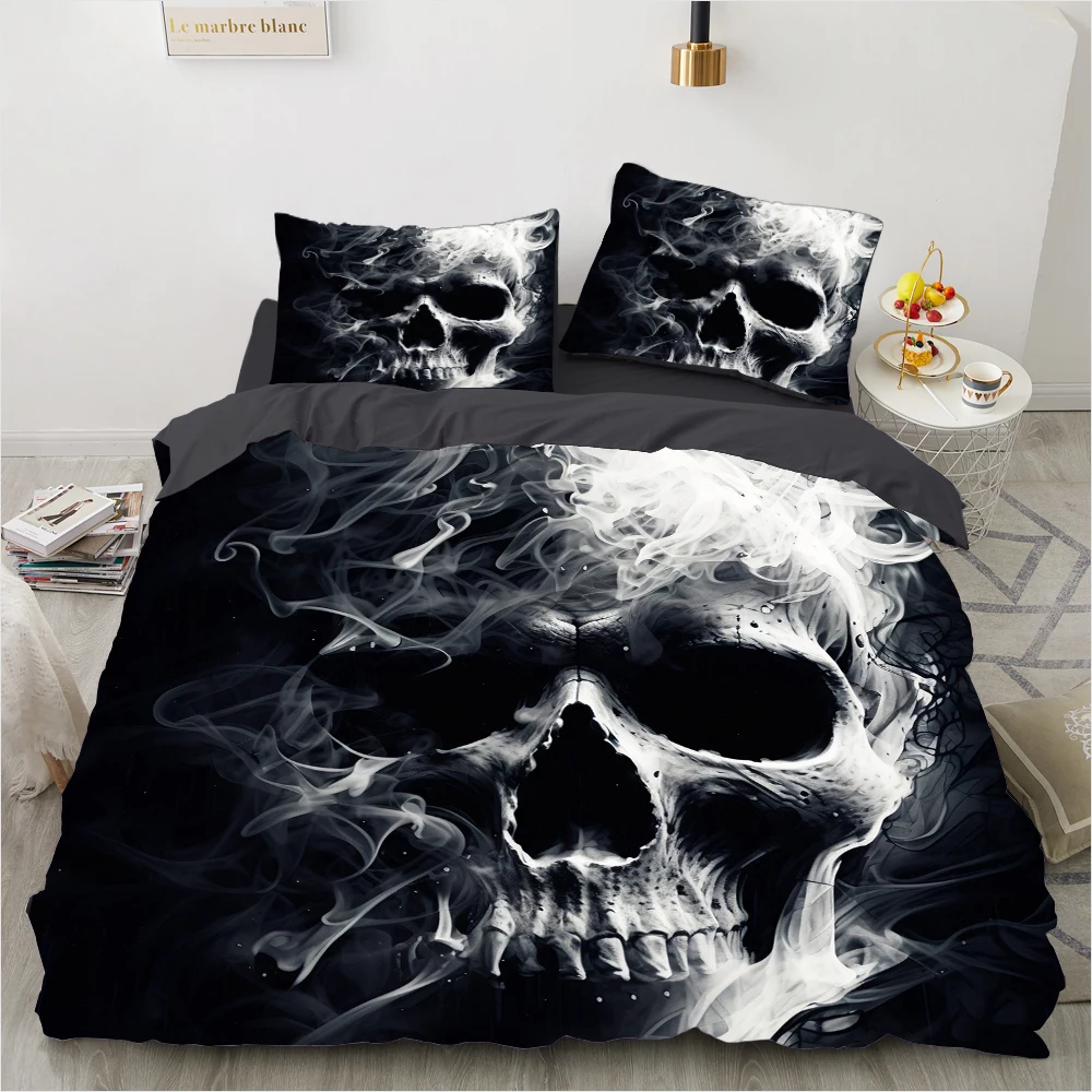 3pcs Grim Skull Bedding Set Cartoon Comforter Sets Double Queen King Twin Full Size Duvet Cover Set Kids Girls White Bed Linen