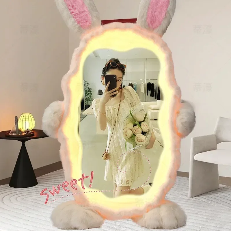 Rabbit Full Length Mirror with Light Plush Floor Standing Makeup Mirror for Bedroom Dressing Room Home Decor