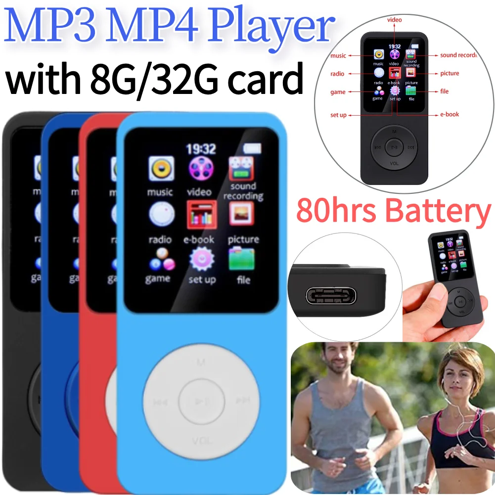 1.8 Inch Color Screen MP3 MP4 Music Player Built-in Speaker Mini Walkman Bluetooth-compatible 5.0 Suppprt TF Card for Windows XP