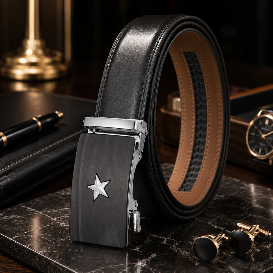 Five-pointed Star Pattern Automatic Buckle Belt Men Luxury High Quality Cow Genuine Leather Belts For Men Dropshipping B1216