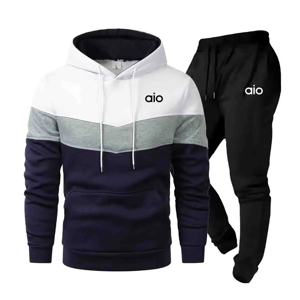 

Men's Casual Sport Raglan Sleeve Hoodie Two-Piece Set Print Duel-Tone Color Blocked Pullover and Trendy Versatile Matching Jogge