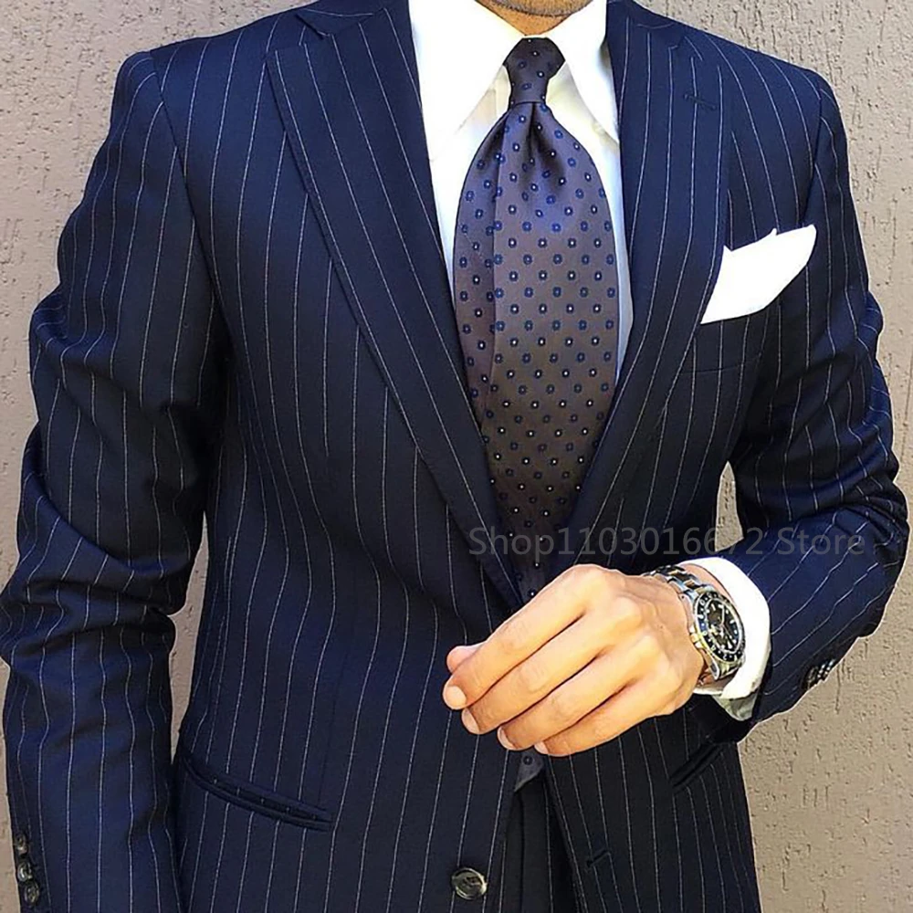 

2 Piece Men's Navy Blue Striped Men Suit Wedding Suit Slim Fit Notch Lapel Suit Groomsmen For Wedding Party Prom(Blazer+Pants)