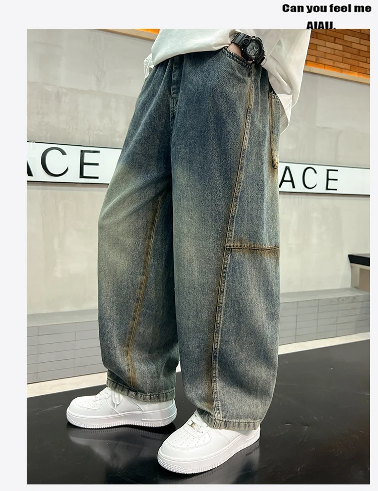 Amerikanische Kinder Retro Street Loose Fit Jeans für Jungen, Hochgeschnittene Casual Kinder Vintage Denim Hosen, Teenager Jeans 5-14 – Detail 4