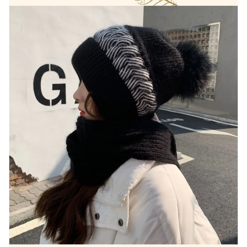 2023New Winter Knitted Scarf Hat Set Thick Warm Skullies Beanies Hats for Women Solid Outdoor Snow Riding Ski Bonnet Caps Girl